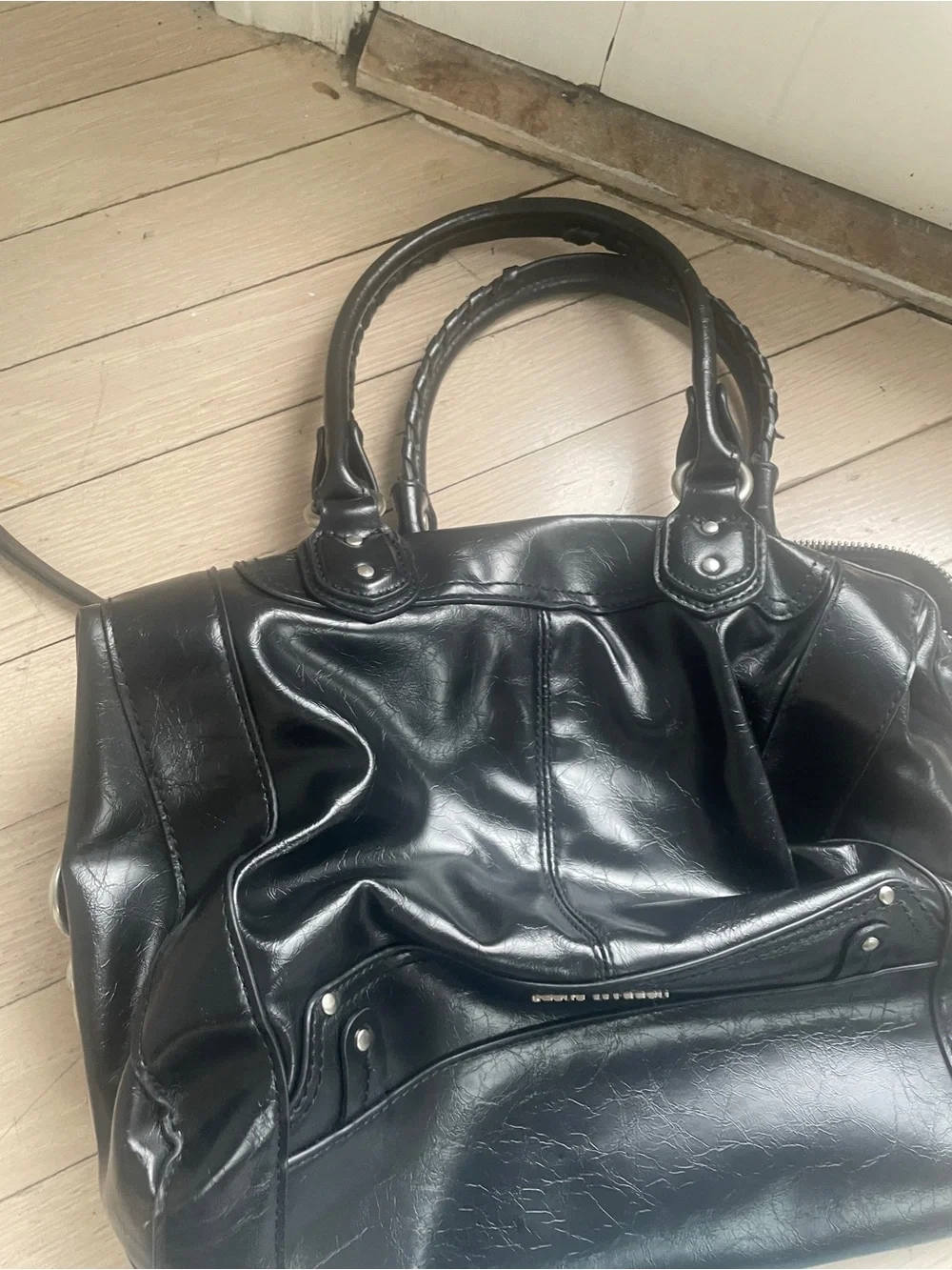 Steve Madden Black Leather Satchel with Silver Hardware